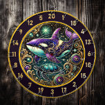 Stunning Orca Turtle Fishing Lodge Dart Board<br><div class="desc">Transform your man cave or fishing lodge with this extraordinary dartboard-themed artwork. The centerpiece showcases a majestic orca, its body shimmering with intricate patterns in deep purple, gold, and vibrant blue, evoking the feel of stained glass. Swimming gracefully beside it, a beautifully detailed turtle adds charm to the aquatic theme....</div>