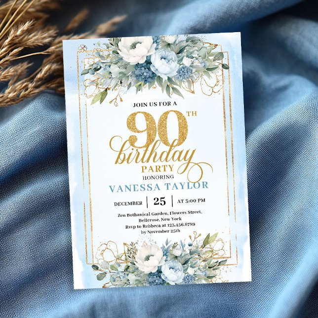 Stunning pastel blue gold frame 90th birthday  invitation (Stunning pastel blue gold frame 90th birthday invite)