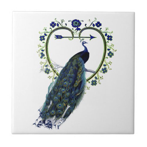 Stunning Peacock and ornate heart flower frame Ceramic Tile