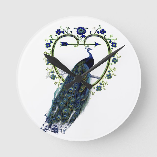 Stunning Peacock and ornate heart flower frame Round Clock (Front)
