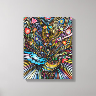 Stunning Peacock in Huichol Style Art Canvas Print