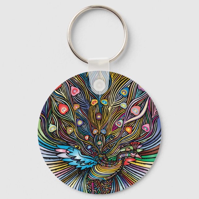 Stunning Peacock in Huichol Style Art Keychain (Front)