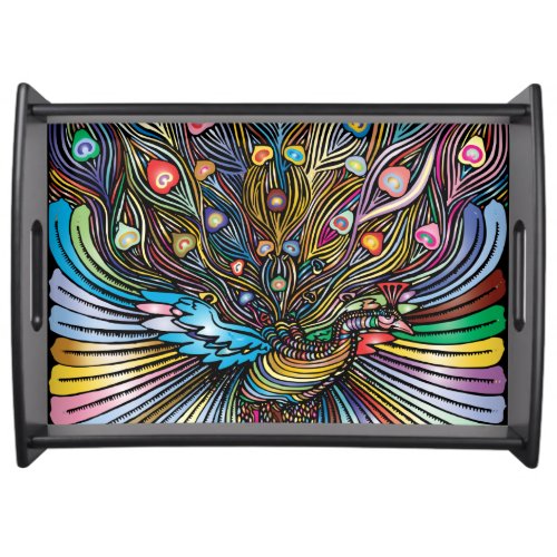 Stunning Peacock in Huichol Style Art Serving Tray
