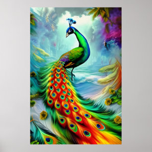 Stunning peacock with magnificent tail feathers poster