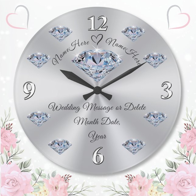 Stunning Personalised Wedding Presents, Wedding Large Clock (Personalized Wedding Clocks. Diamond wedding anniversary gifts or wedding wall clocks. Diamond theme)