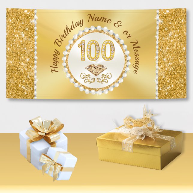 Stunning Personalized, 100th Birthday Banners (100th birthday party ideas. 100th birthday party ideas. Diamond Pearls, 100th birthday party theme.)