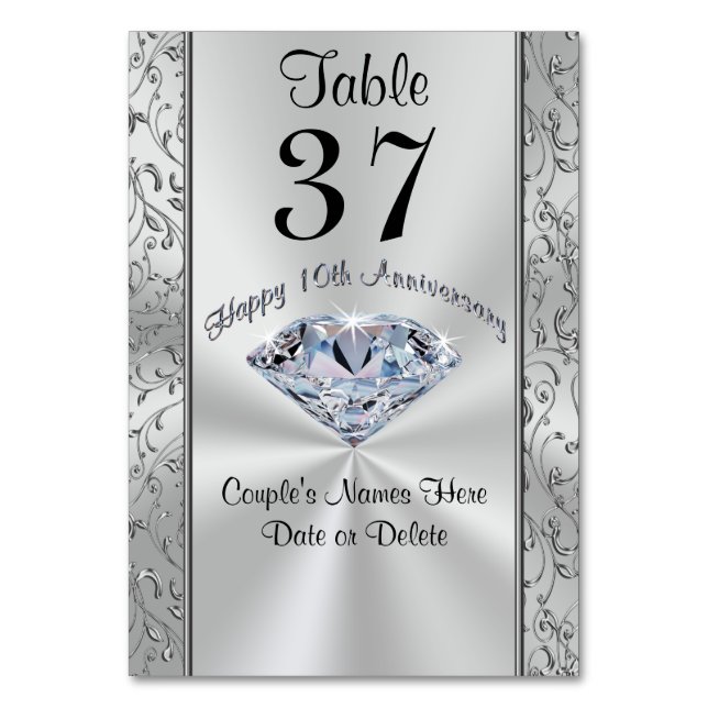Stunning Personalized 10th Anniversary Table Cards (Front)