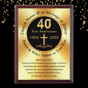 Stunning Personalized, 40th Church Anniversary, Award Plaque