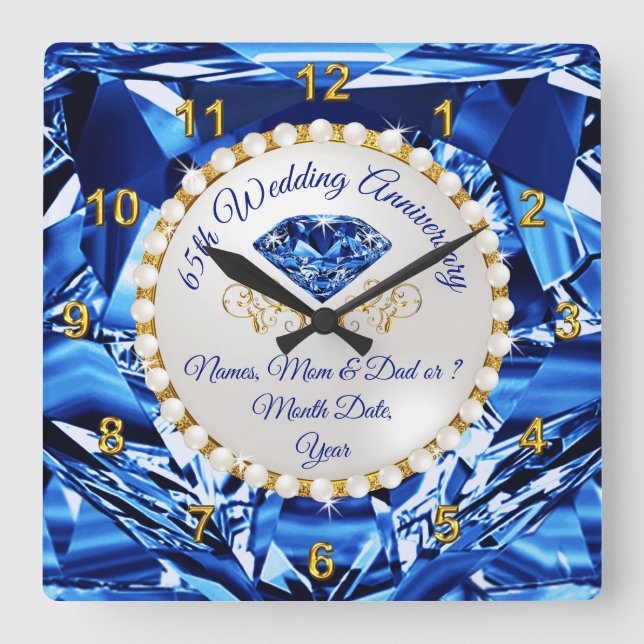 Stunning Personalized, 65th Anniversary Gift, 65th Square Wall Clock (Front)