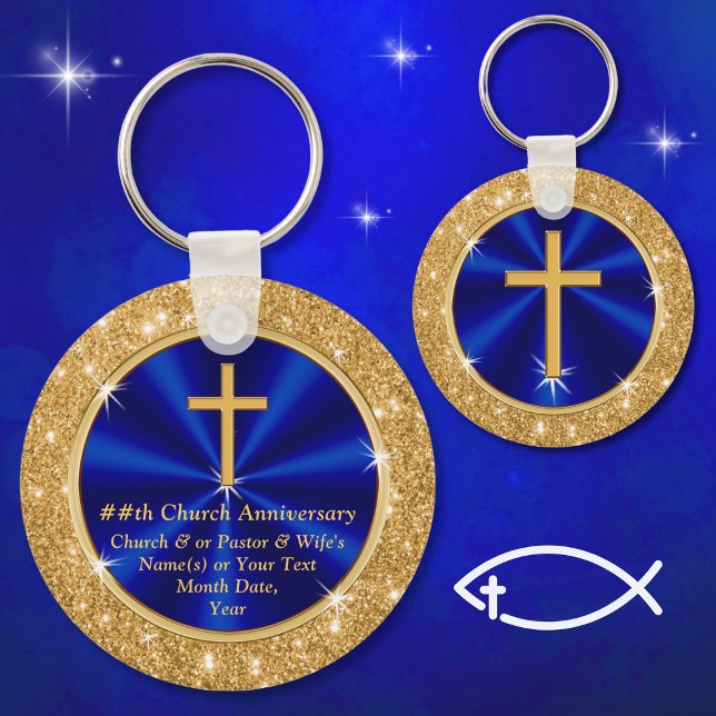 Stunning, Personalized Church Favors, Blue Gold Keychain (Church anniversary party ideas. Pastor anniversary gifts for church members. Cheap church gifts. )