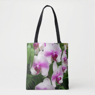 Stunning pink and white orchids all over printed tote bag