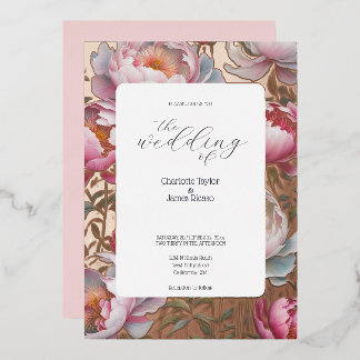 Stunning Pink and White Peonies Elegant Wedding Foil Invitation