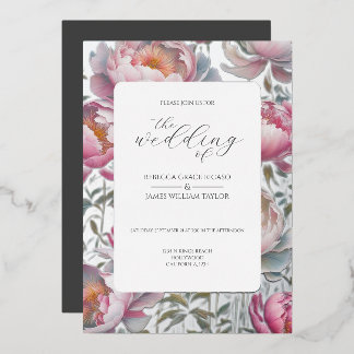 Stunning Pink and White Peonies Elegant Wedding Foil Invitation