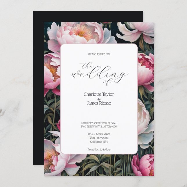 Stunning Pink and White Peonies Elegant Wedding Invitation (Front/Back)