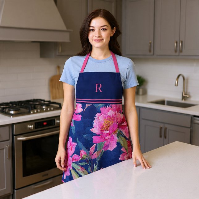 Stunning Pink Floral Bloom Monogrammed Apron (Stunning Pink Floral Bloom Monogrammed Apron by Ricaso. Watercolor flowers in pink on dark blue
)