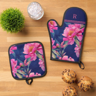 Stunning Pink Floral Bloom Monogrammed Oven Mitt & Pot Holder Set