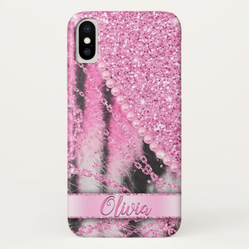 Stunning pinky glitter chain fur  iPhone x case
