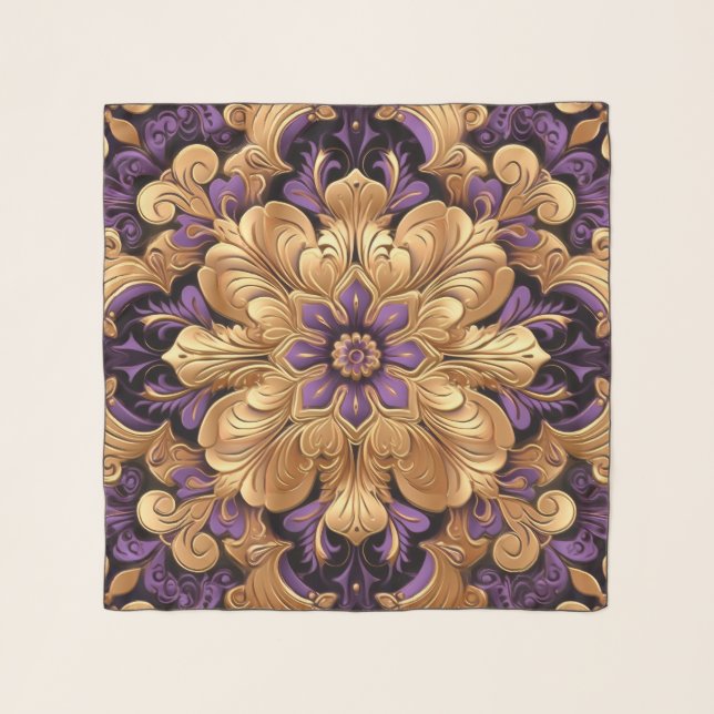  Stunning Purple and Gold Floral  Chiffon Scarf (Front)