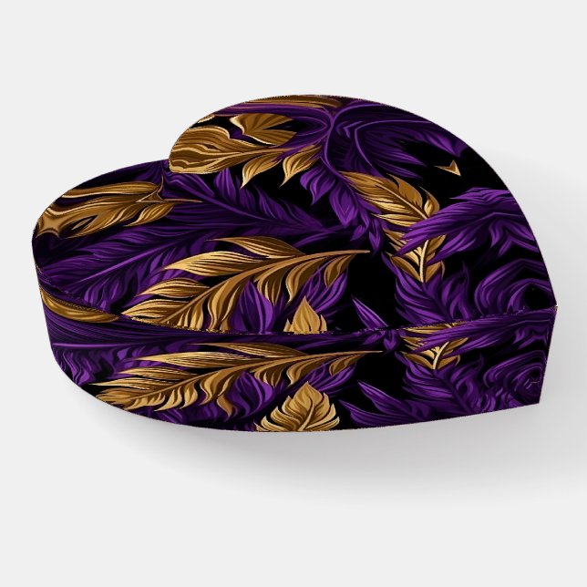 Stunning Purple and Gold Floral Leaf Heart Paperwe Paperweight (Angled)