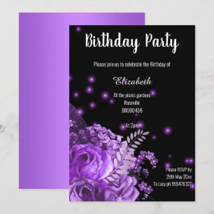 STUNNING PURPLE BLACK FLORAL GARDEN BIRTHDAY 2 INVITATION