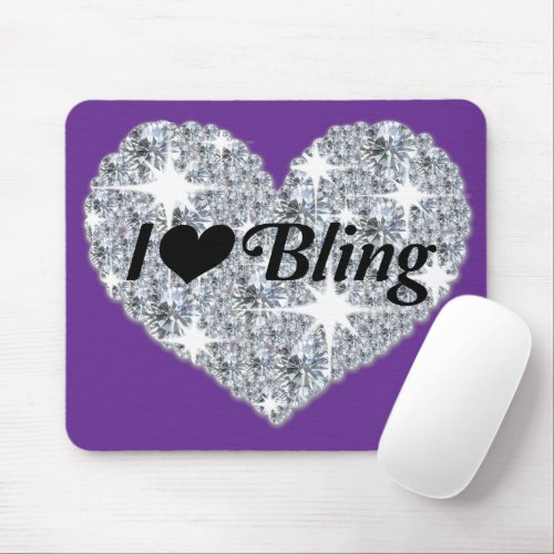 Stunning Purple Faux Diamond I Love Bling Heart Mouse Pad