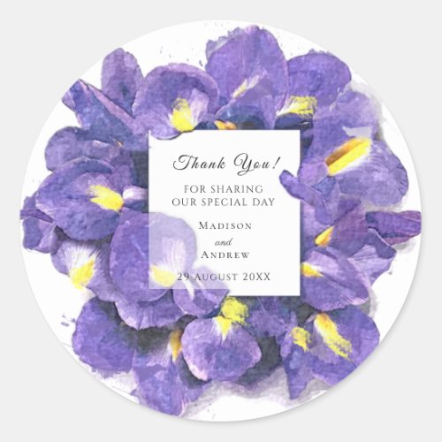 Stunning Purple Irises Watercolor Floral Thank You Classic Round Sticker