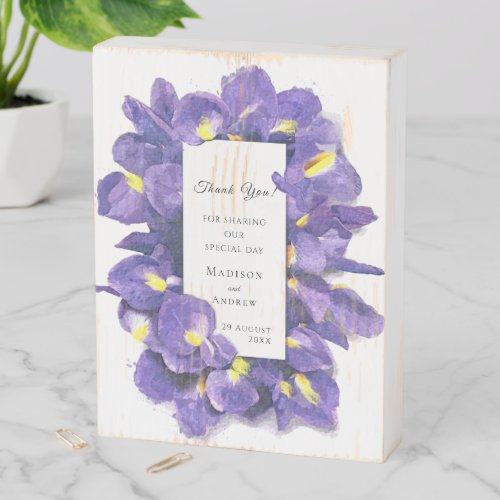 Stunning Purple Irises Watercolor Floral Thank You Wooden Box Sign
