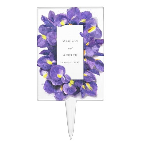 Stunning Purple Irises Watercolor Floral Wedding Cake Topper
