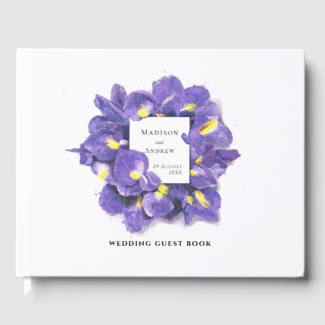 Stunning Purple Irises Watercolor Floral Wedding Guest Book (Front)