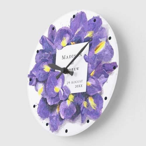 Stunning Purple Irises Watercolor Floral Wedding Large Clock