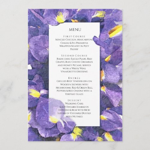 Stunning Purple Irises Watercolor Floral Wedding Menu