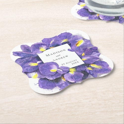 Stunning Purple Irises Watercolor Floral Wedding Paper Coaster