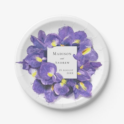 Stunning Purple Irises Watercolor Floral Wedding Paper Plates