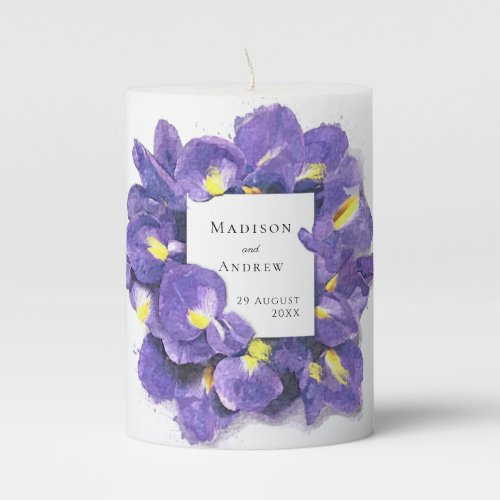 Stunning Purple Irises Watercolor Floral Wedding Pillar Candle