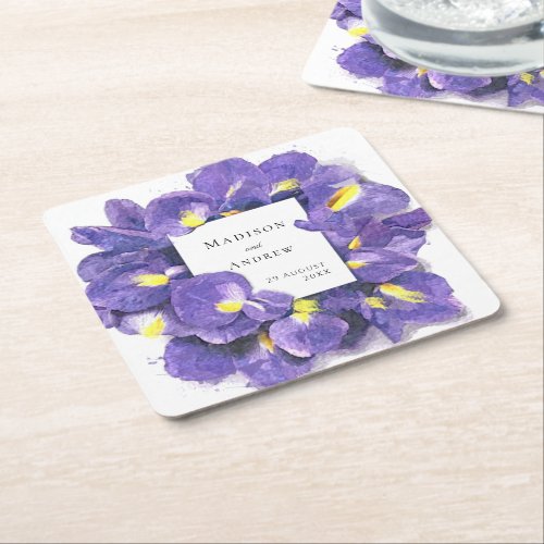 Stunning Purple Irises Watercolor Floral Wedding Square Paper Coaster