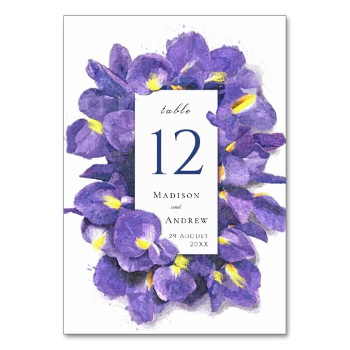 Stunning Purple Irises Watercolor Floral Wedding Table Number