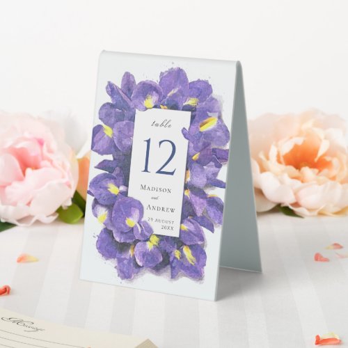 Stunning Purple Irises Watercolor Floral Wedding Table Tent Sign