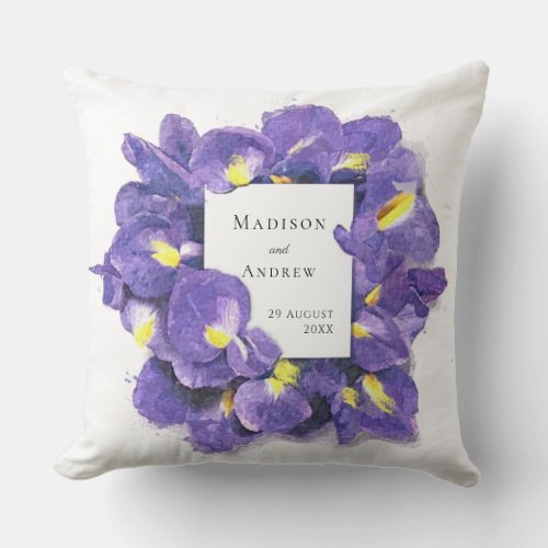 Stunning Purple Irises Watercolor Floral Wedding Throw Pillow
