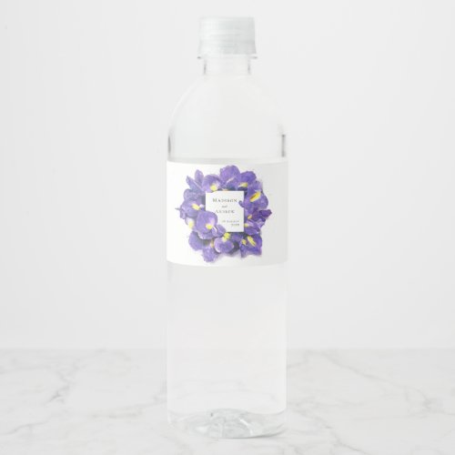 Stunning Purple Irises Watercolor Floral Wedding Water Bottle Label