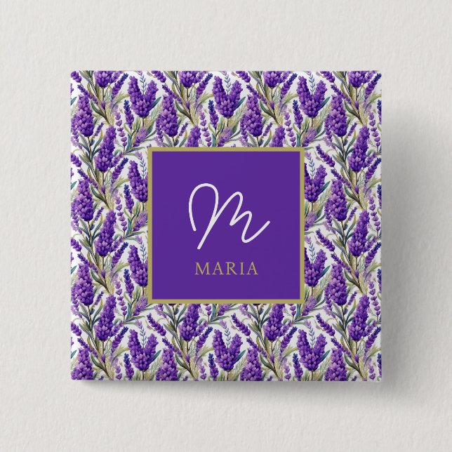 Stunning Purple Lavender Pattern Monogramed Button (Front)