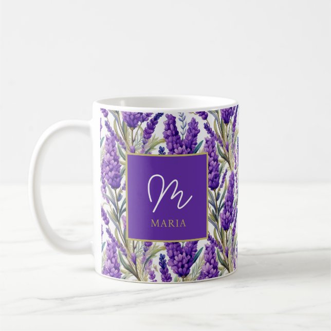 Stunning Purple Lavender Pattern Monogramed Coffee Mug (Left)