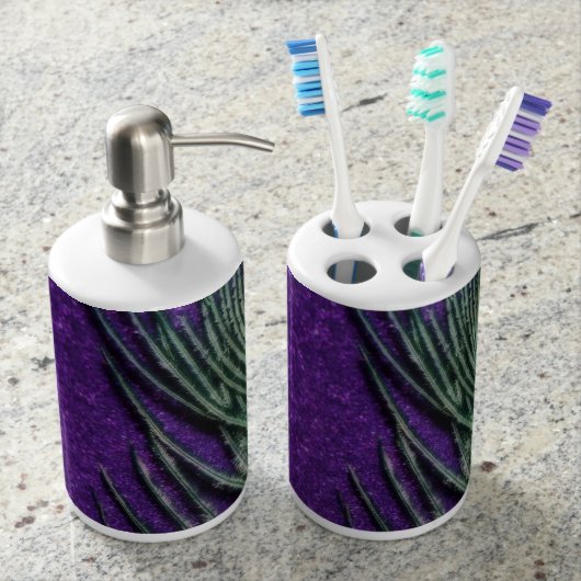 Stunning Purple Peacock Soap Dispenser & Toothbrush Holder (Front)