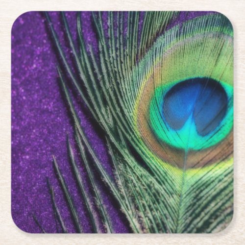 Stunning Purple Peacock Square Paper Coaster