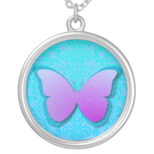 Stunning Purple & Teal  Butterfly Silver Plated Necklace