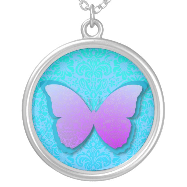 Stunning Purple & Teal  Butterfly Silver Plated Necklace (Front)