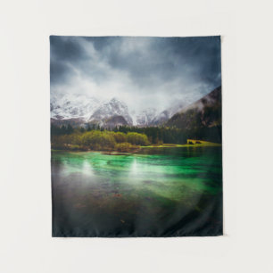 Stunning rainy day at lake Fusine, Italy Tapestry