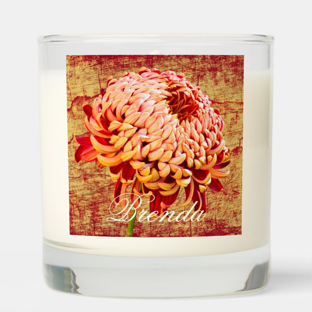 Stunning Red and Gold Chrysanthemum Mum Scented Candle (Front)