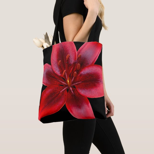 Stunning Red Asiatic Lily Flower Shoulder Tote (Close Up)