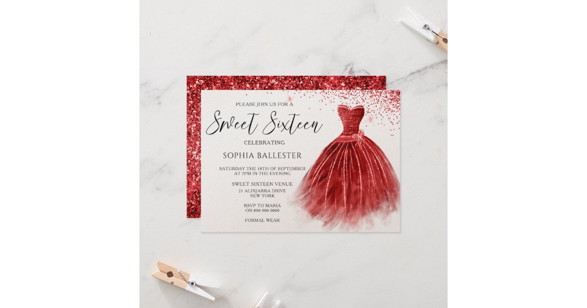 Stunning Red Glitter Gown Dress Sweet 16 Party Invitation | Zazzle