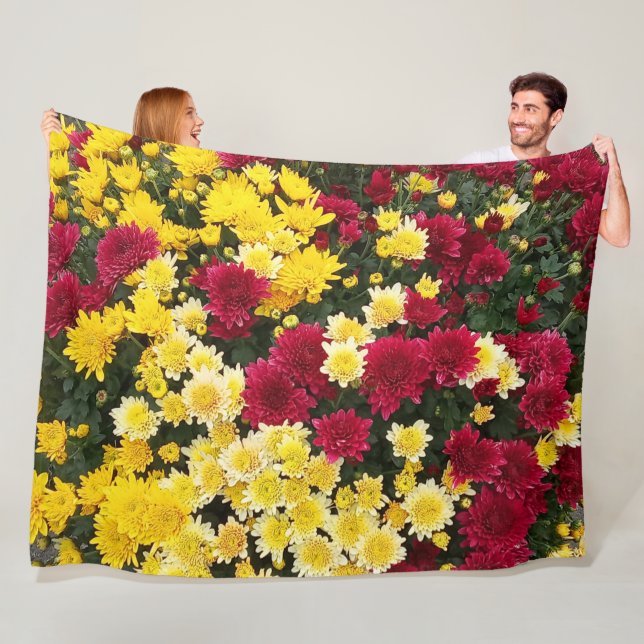 Stunning Red Gold Autumn Chrysanthemum Flowers Fleece Blanket (In Situ)